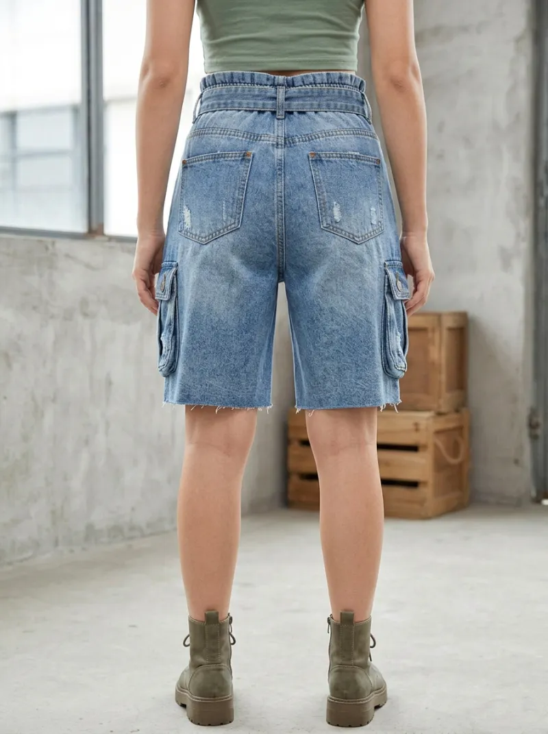 Women's Distressed Cargo Belted Denim Shorts