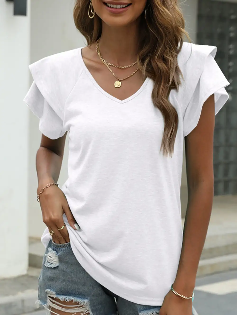 Solid Color V-Neck Ruffle Sleeve T-Shirt