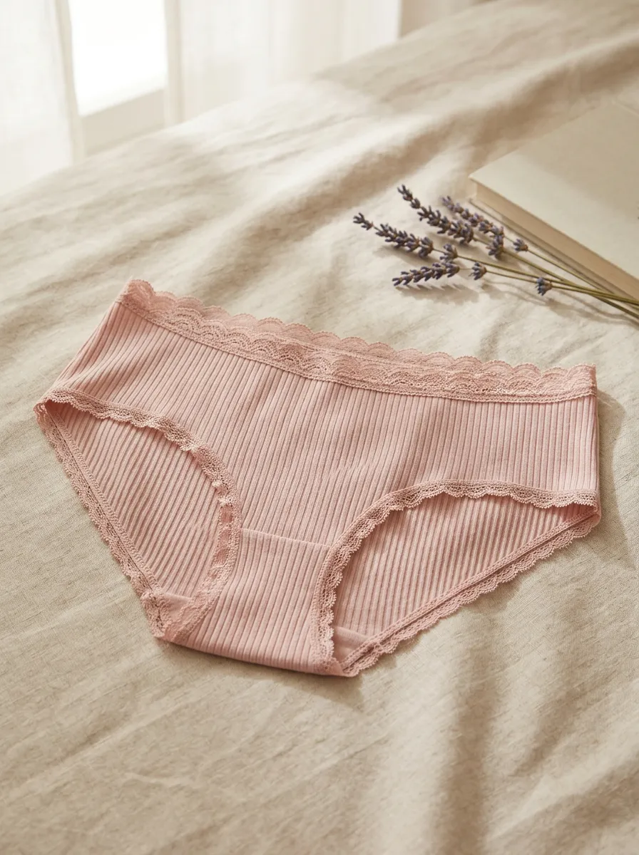 Women's Pink Ribbed Lace Trim Panties