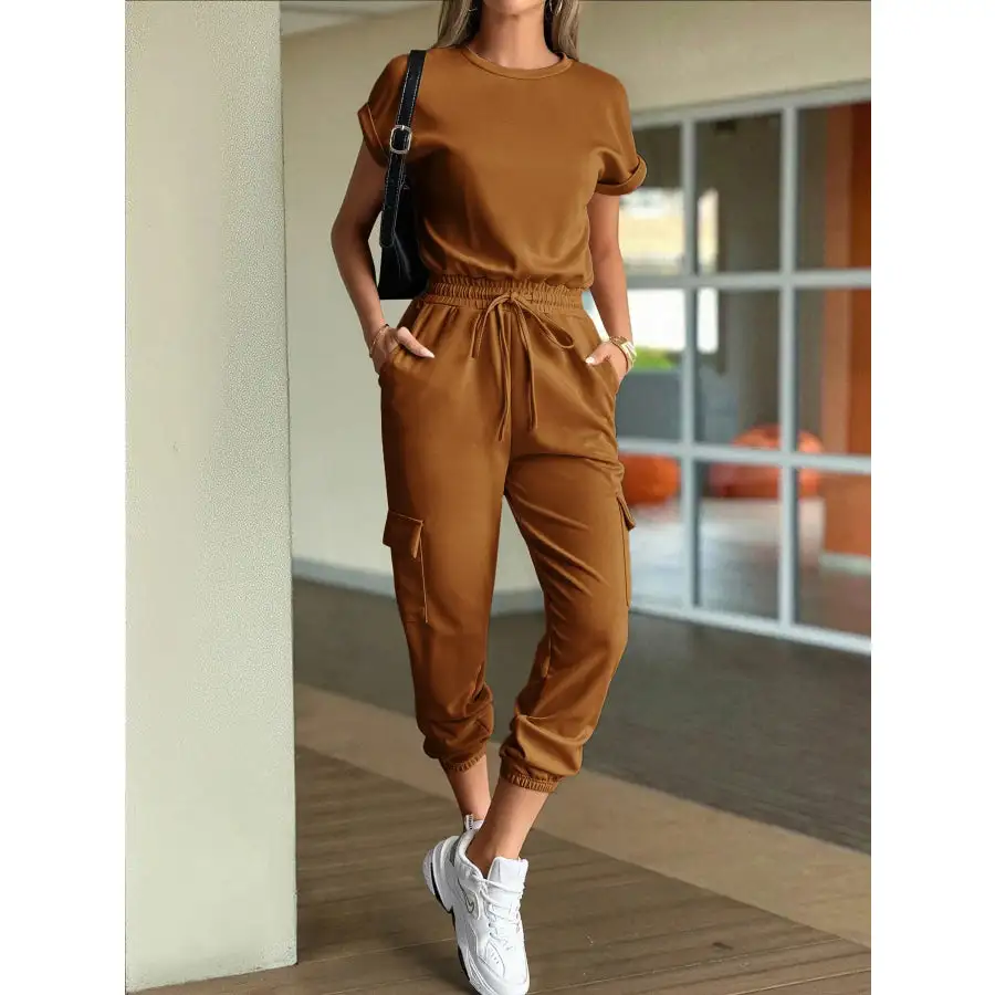 Round Neck Short Sleeve Top and Pants Set