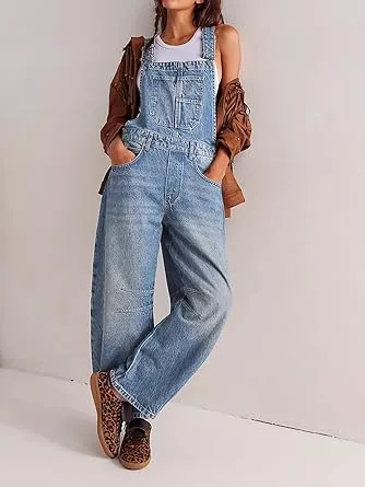 Women's Denim-Effect Print Plicated Wide Leg Overalls Jumpsuit, Minimalist Chic Fashion Casual Pocket Square Neck Overalls Jumpsuit for Daily Outdoor Wear, Ladies Clothes for All Seasons