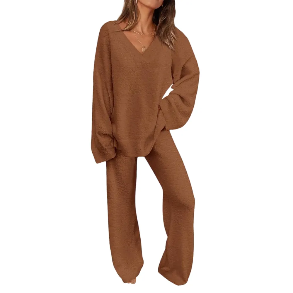 Women's 2-Piece Lounge Set Soft Chunky V Neck Tops& Wide Leg Long