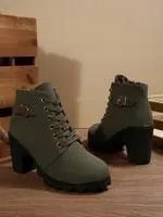 Women's Lace-Up Chunky Heel Short Boots, Metal Buckle Accent, Fashionable & Versatile