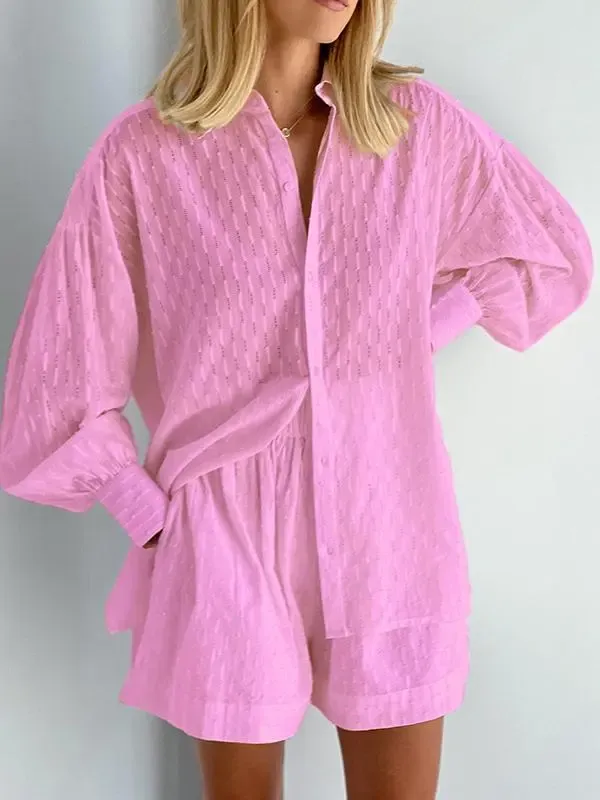 Jacquard Puff Sleeve Top Shorts Commuting Casual Suit