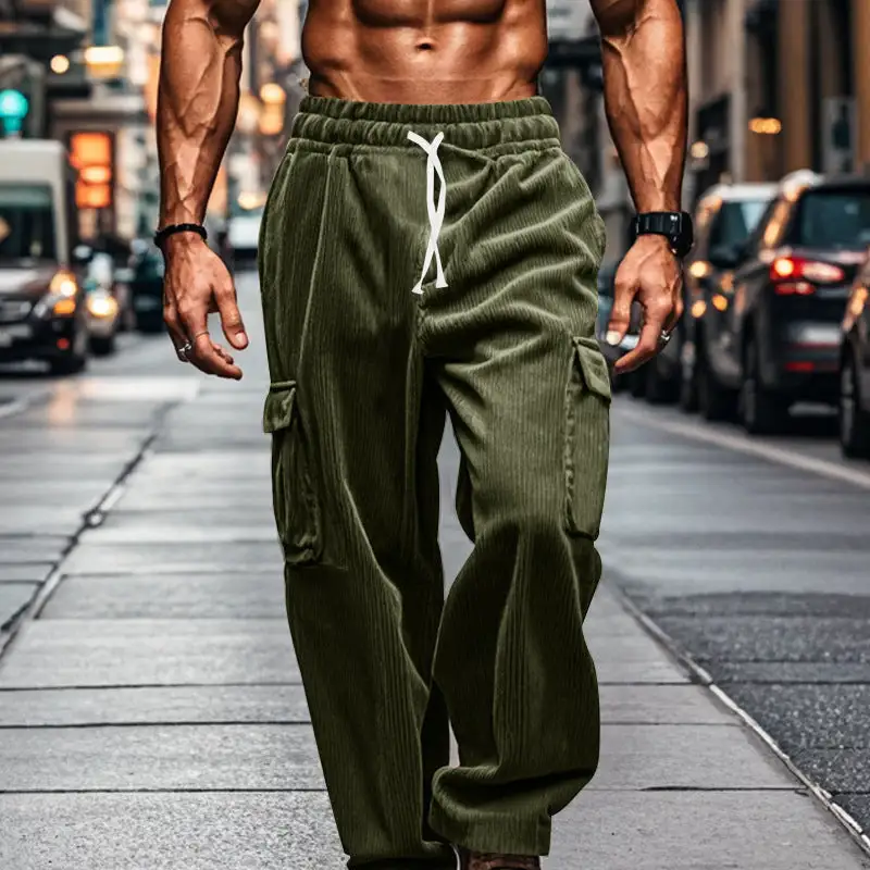Men's Oversized Corduroy Cargo Pants with Elastic Drawstring Waistband and Multiple Pockets