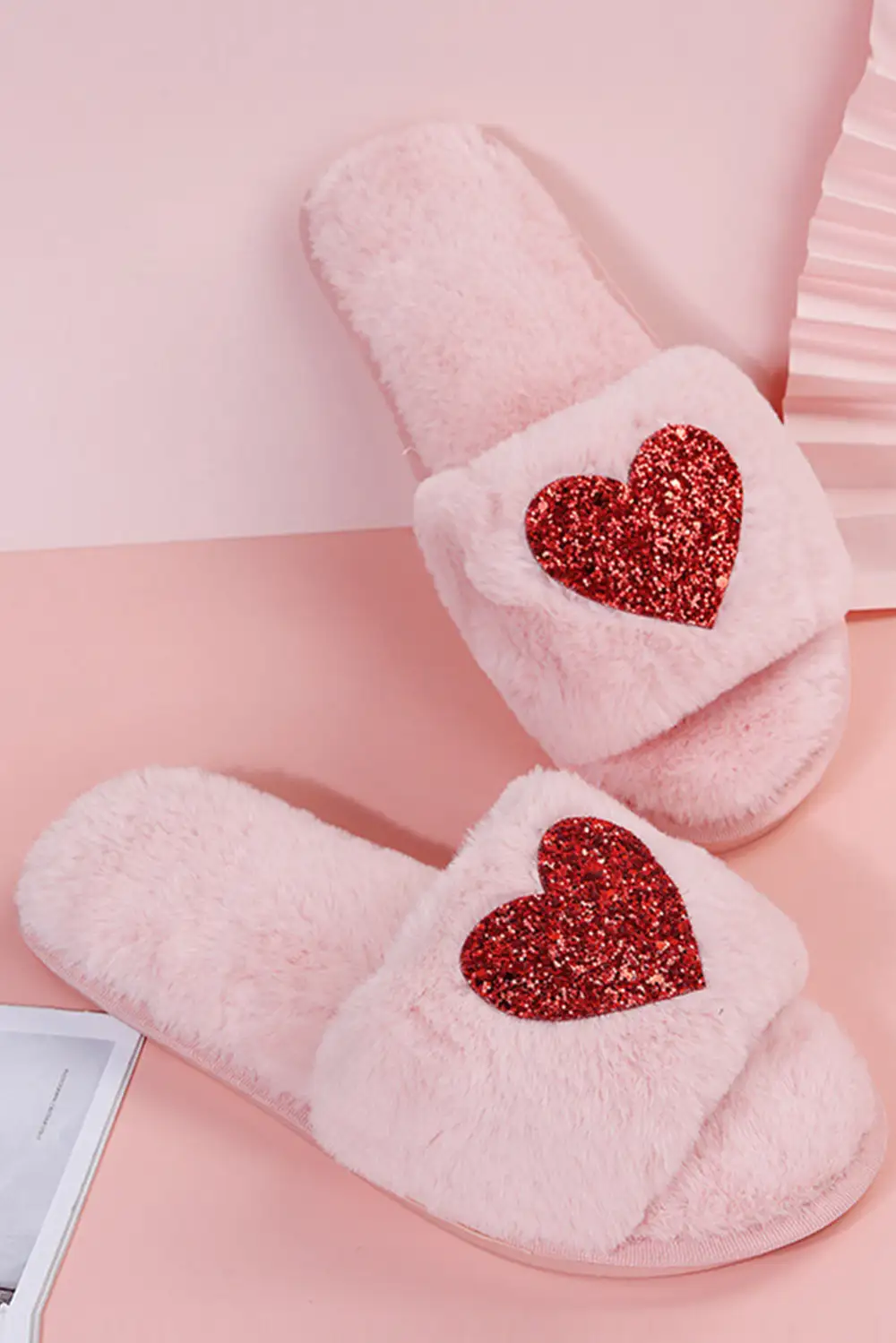 Sequin Heart Plush House Slippers