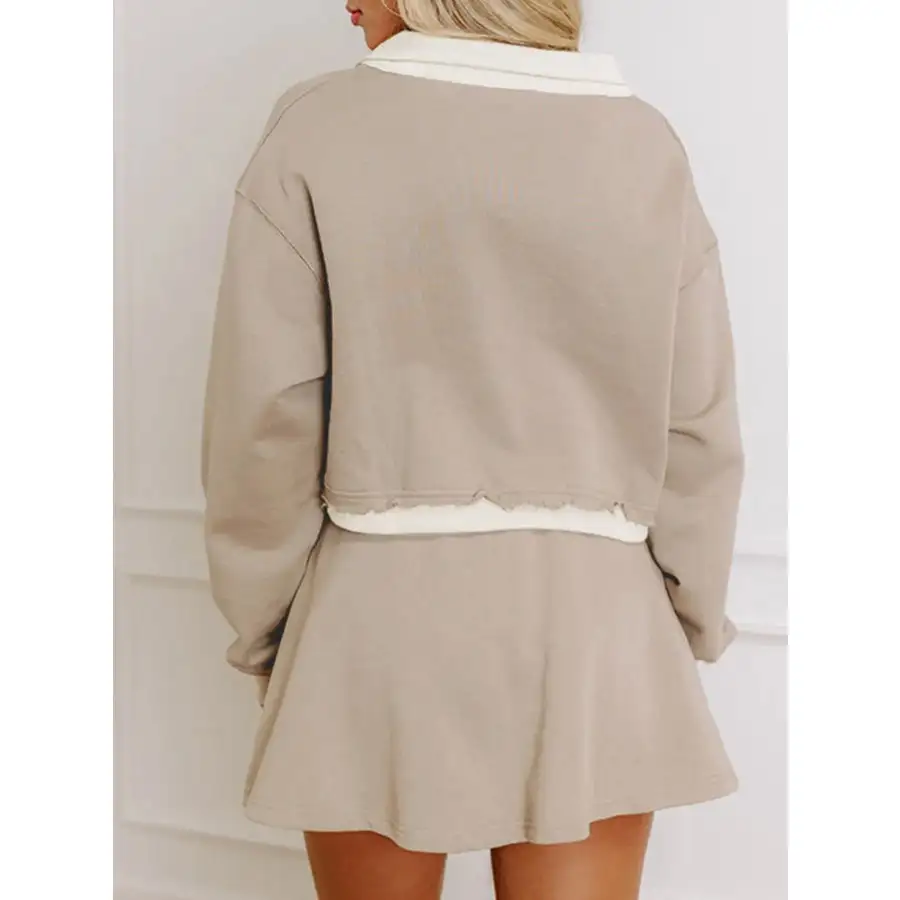 Contrast Collared Neck Top and Drawstring Mini Skirt Set