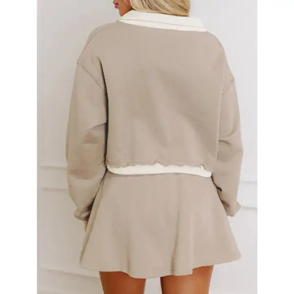 Contrast Collared Neck Top and Drawstring Mini Skirt Set