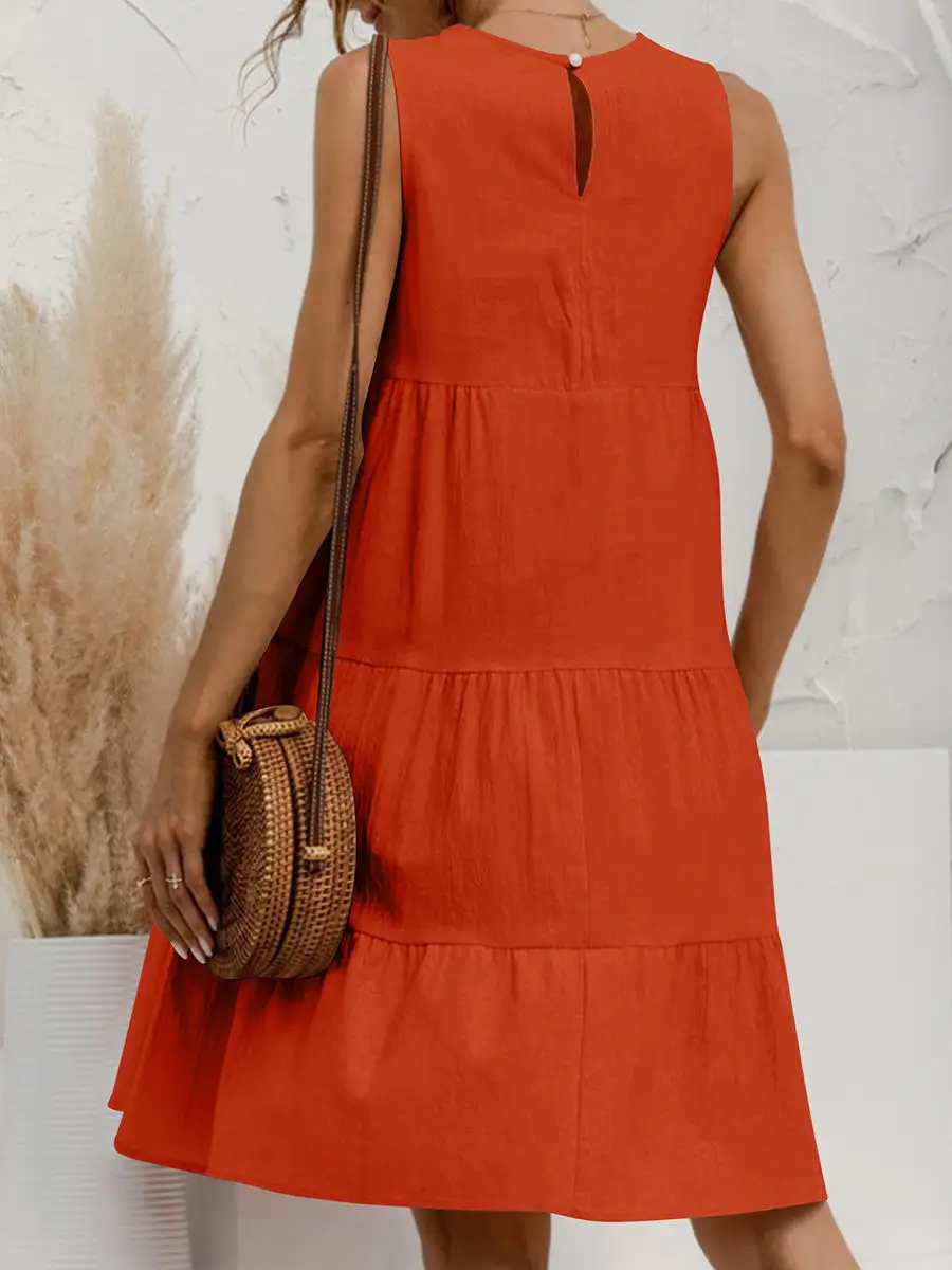A Line Relaxed Pleated Solid Color Tiered Round Neck Mini Dress
