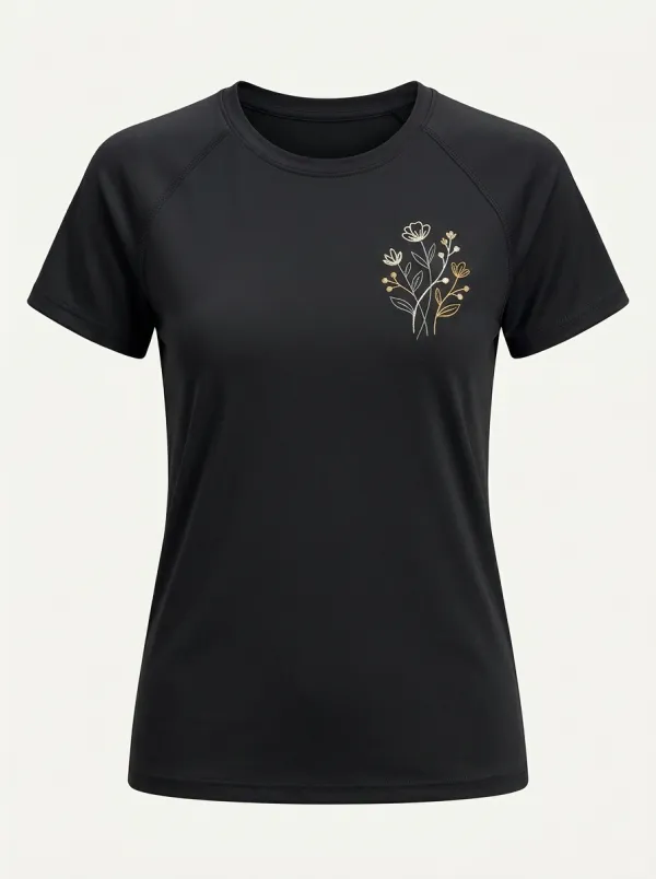 Women's Floral Line-Art Embroidered Raglan T-Shirt