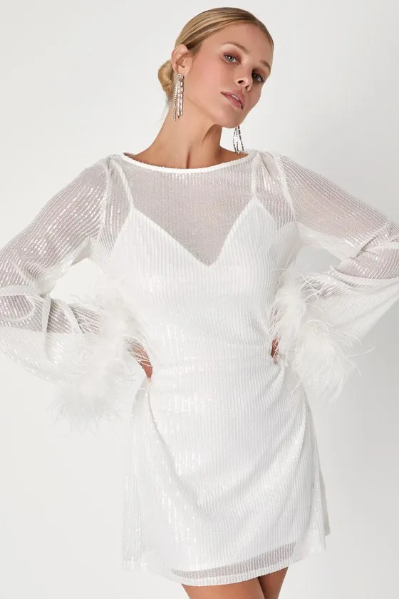 Marvelous Energy White Sequin Mesh Long Sleeve Mini Dress