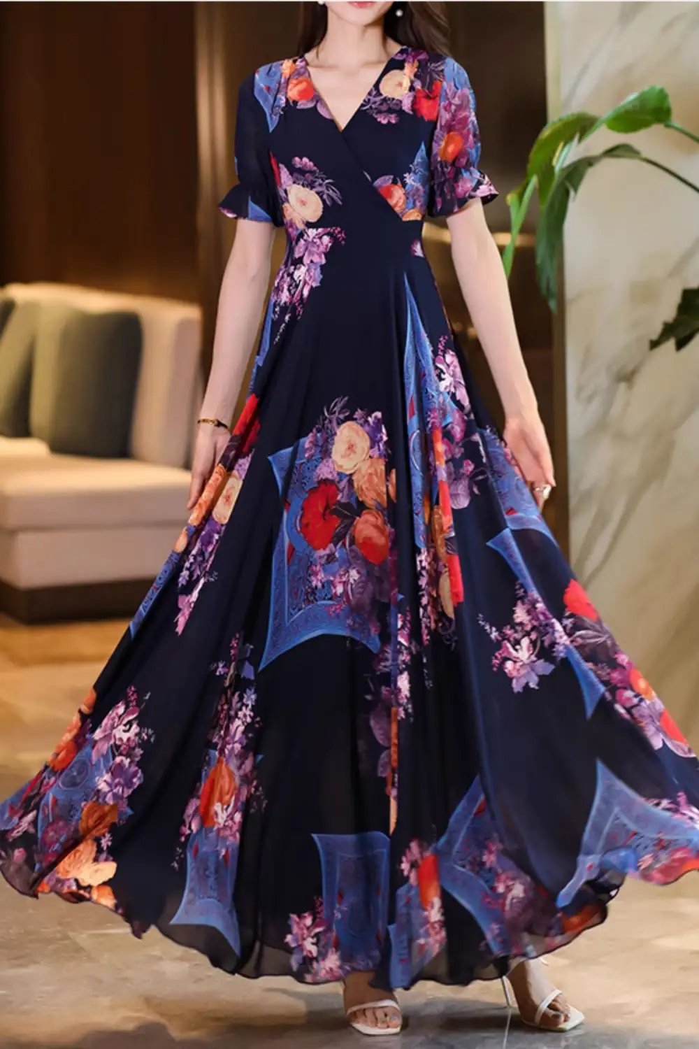 Refined Floral Chiffon Ruffle V Neck Short Sleeve Maxi Dress