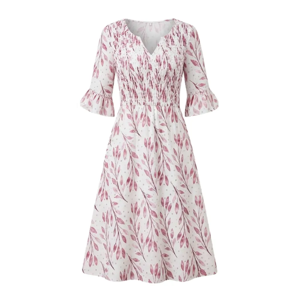 V Neck Floral Flutter Midi Dress