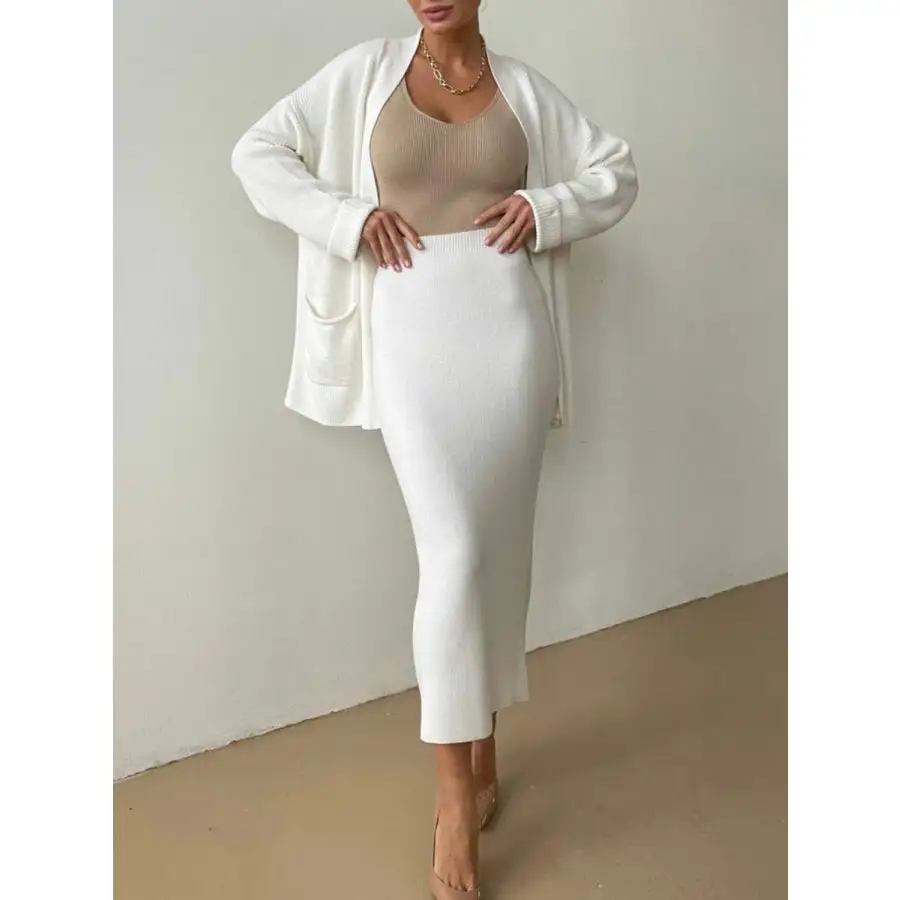 Pocketed Long Sleeve Cardigan and Skirt Sweater Set