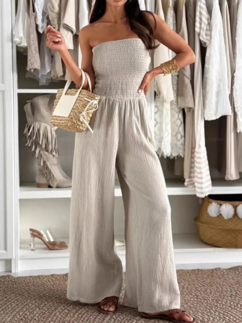 Smocked Tube Wide Leg Jumpsuit