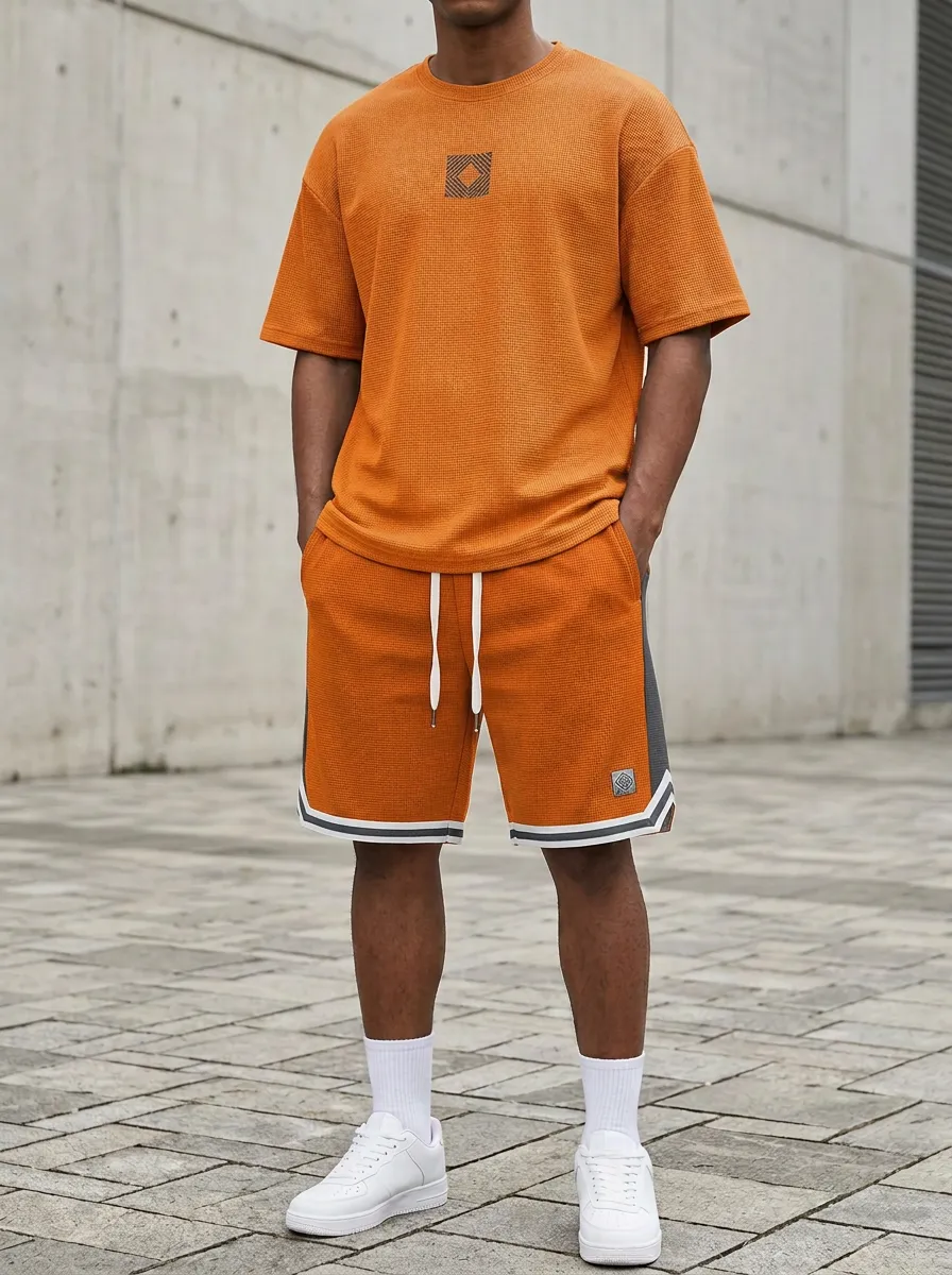 Classic Waffle Texture Geometric Pattern Training Look Men's T-Shirt And Shorts Set