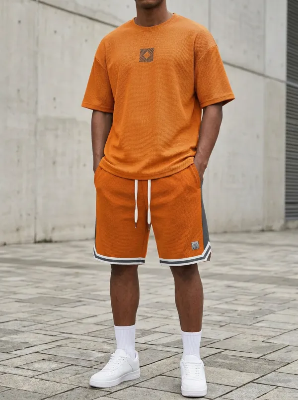 Classic Waffle Texture Geometric Pattern Training Look Men's T-Shirt And Shorts Set