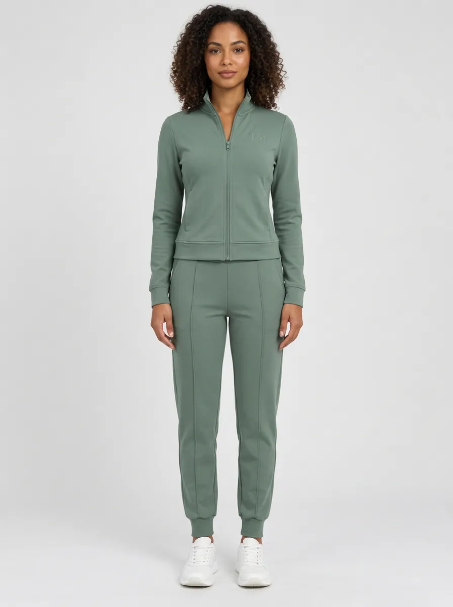 Women's Sage Green Stand Collar Zip-Up Jacket & Jogger Set