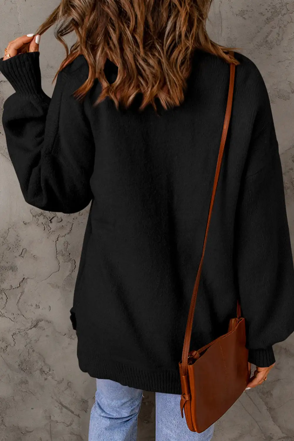 Solid Puff Sleeve Pocketed Sweater