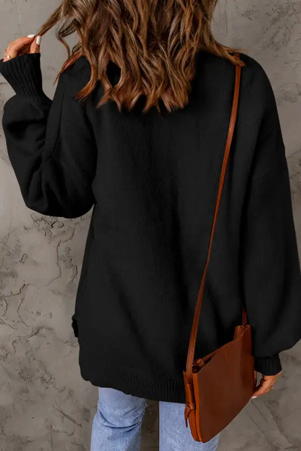 Solid Puff Sleeve Pocketed Sweater