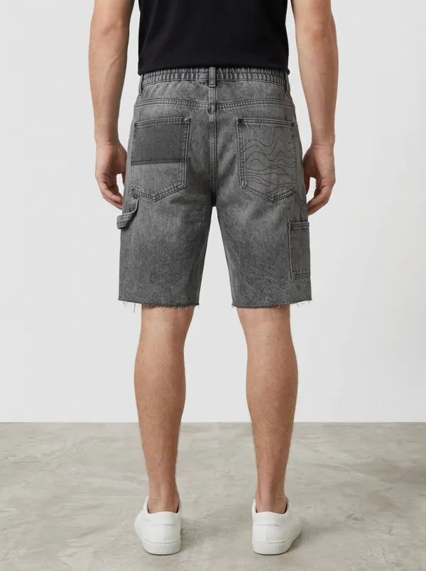 Men's Wave Patchwork Raw Hem Street Inspired Distressed Denim Shorts