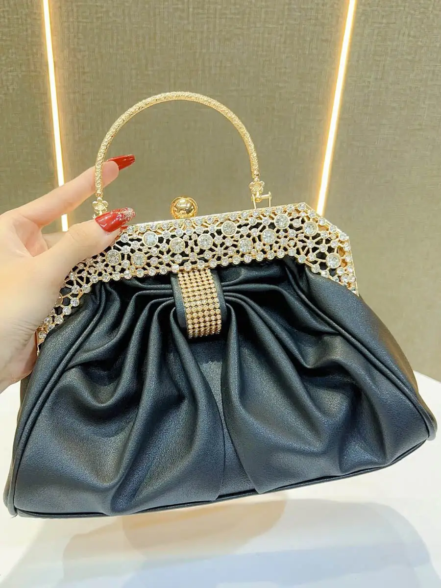 Pleated Chain Rhinestone Panel Clutch Bag