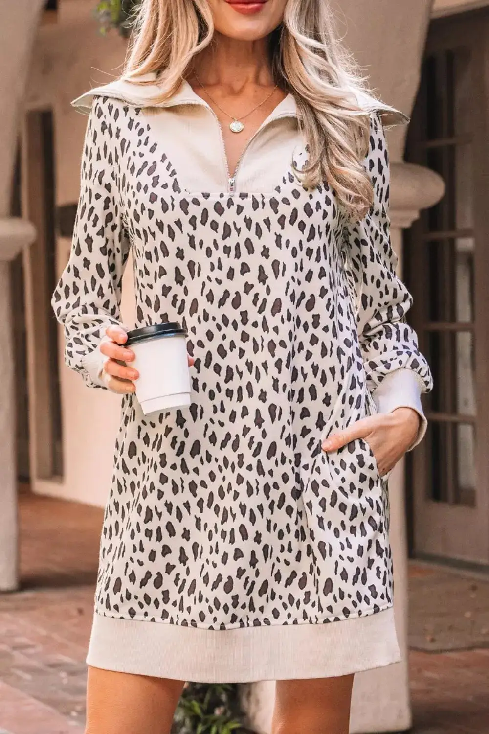 Animal Print Patchwork Zip Front Mini Dress