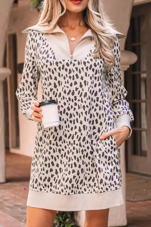 Animal Print Patchwork Zip Front Mini Dress