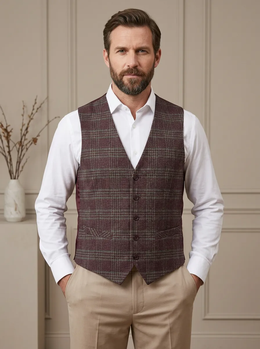 Men's Vintage Style Burgundy Plaid Printed Waistcoat Vest