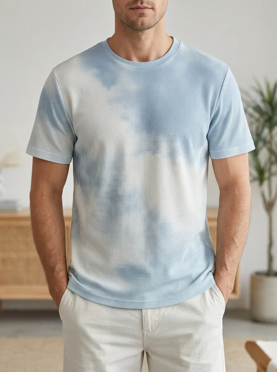 Men's Casual Summer Tie-dye Waffle Knit Classic Crew Neck T-Shirt