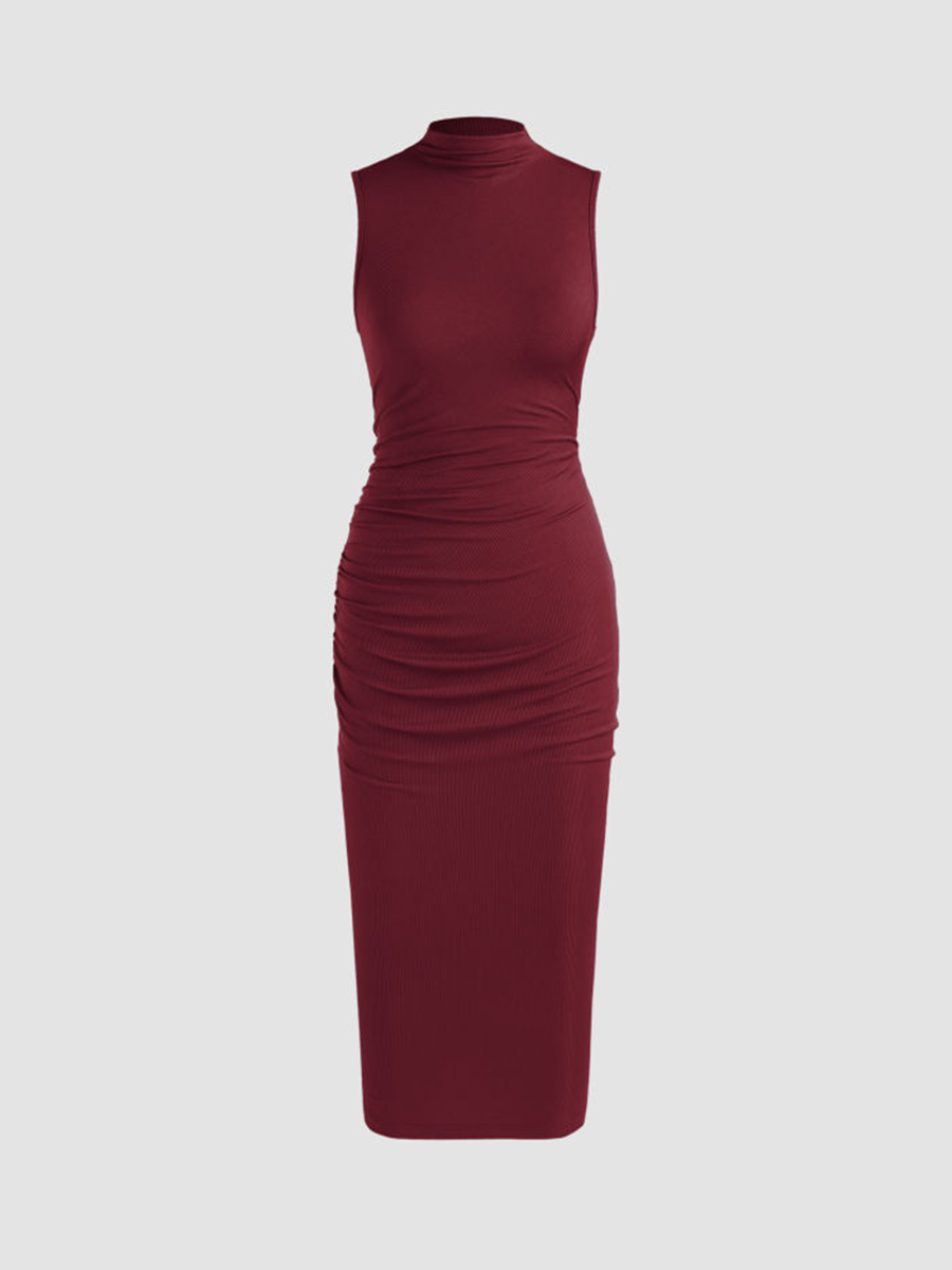 High Neck Ruched Midi Dress