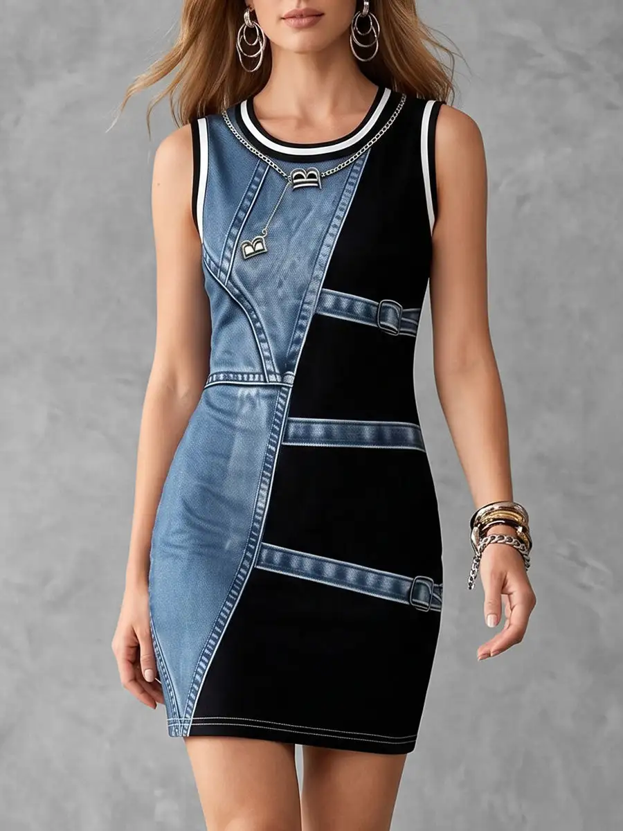 Bodycon Sleeveless Contrast Color Printed Round Neck Mini Dress