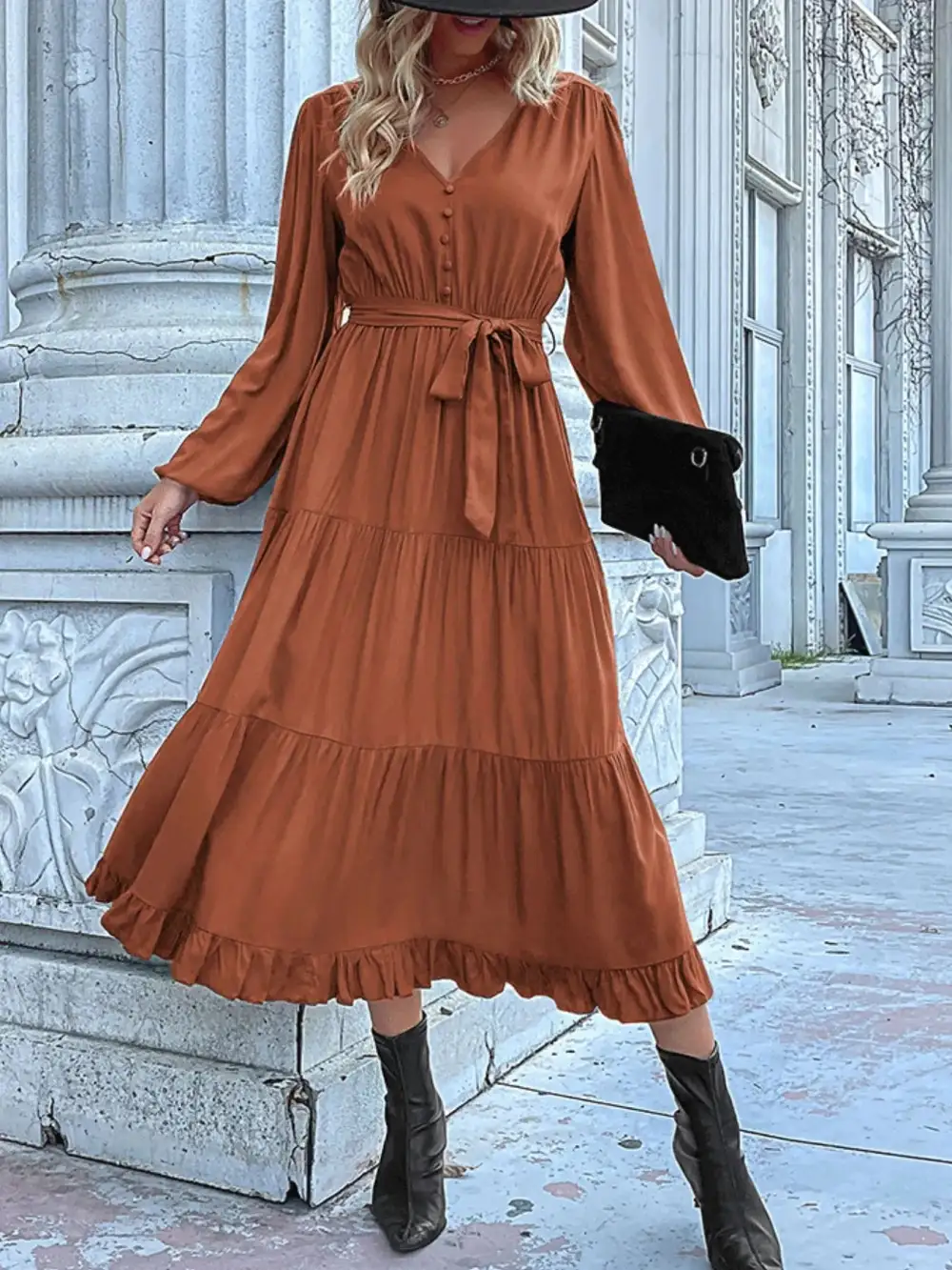 Smooth Finish V Neck Ruffle Dress