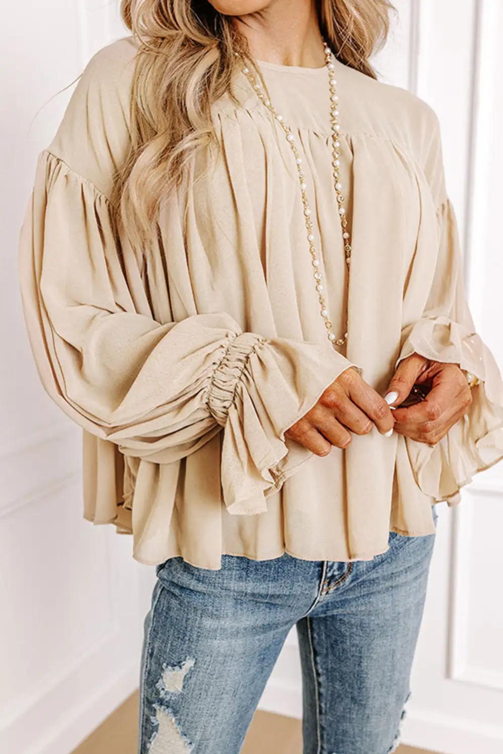 Chiffon Ruffle Trim Long Sleeve Blouse