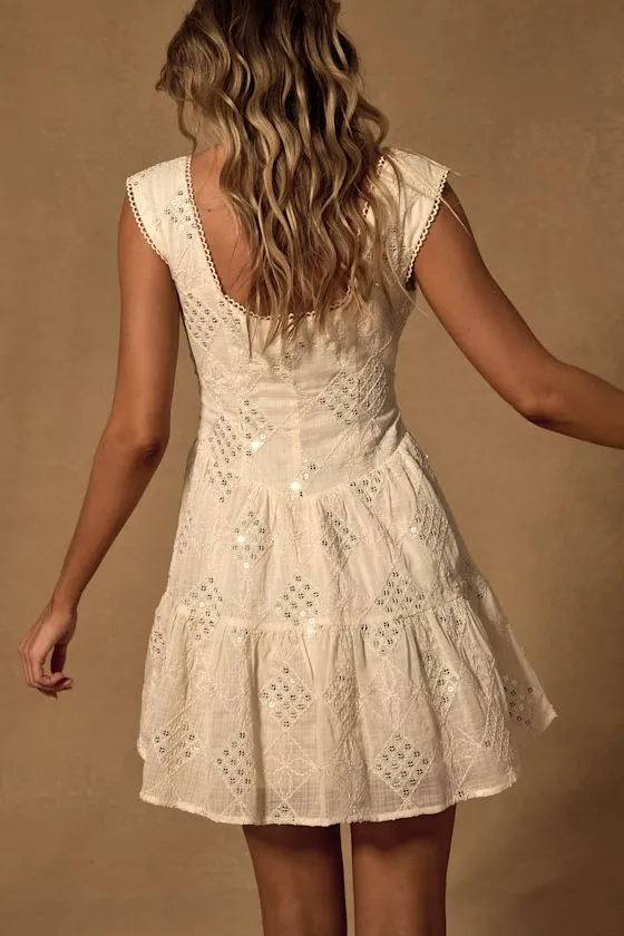 Antionette Cream Embroidered Sequin Button-Front Mini Dress