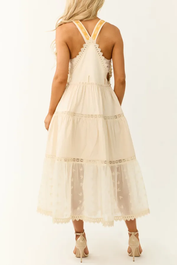 Almond Lace Tiered Overalls Maxi Dress