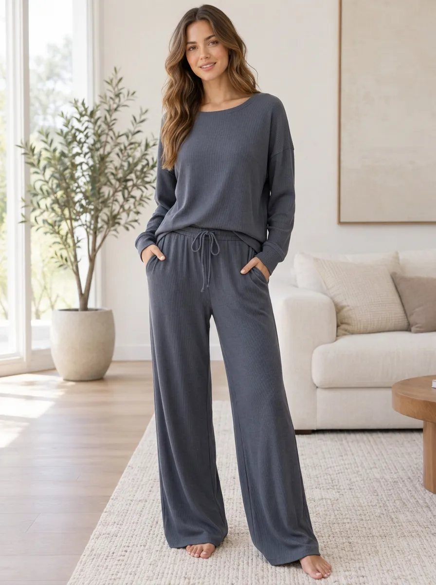 Home Ready Women's Waffle Knit Wide Leg Lounge Co-Ord