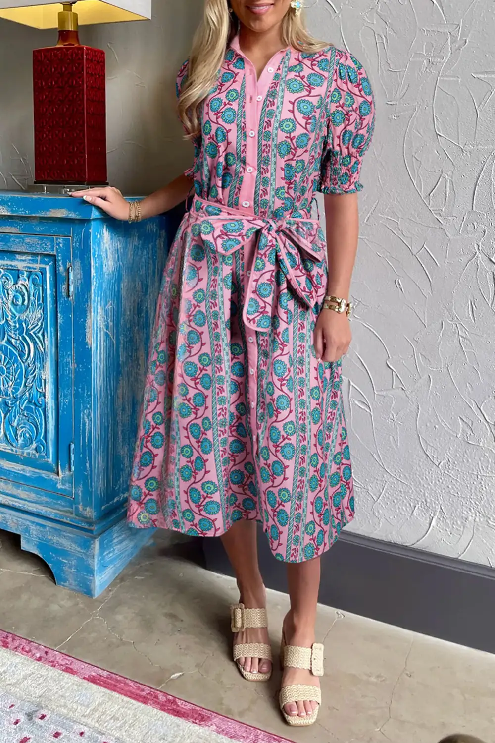 Floral Shirred Puff Sleeve Sash Midi Dress