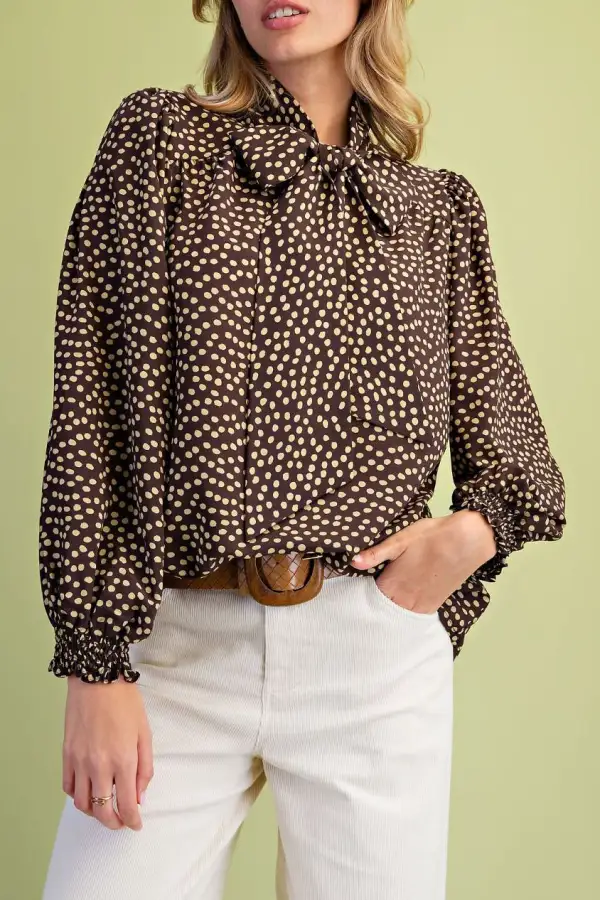 Polka Dot Collared Tie Neck Smocked Shirt
