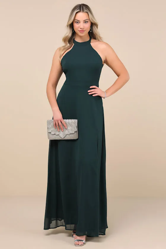 Confidently Charismatic Emerald Backless Halter Maxi Dress
