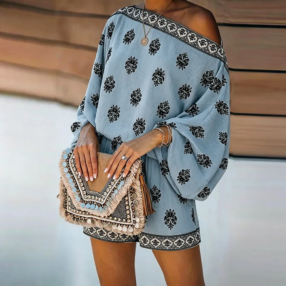 Women's 2 Pieces Outfit Boho Lantern Sleeve Linen Top and Shorts Set