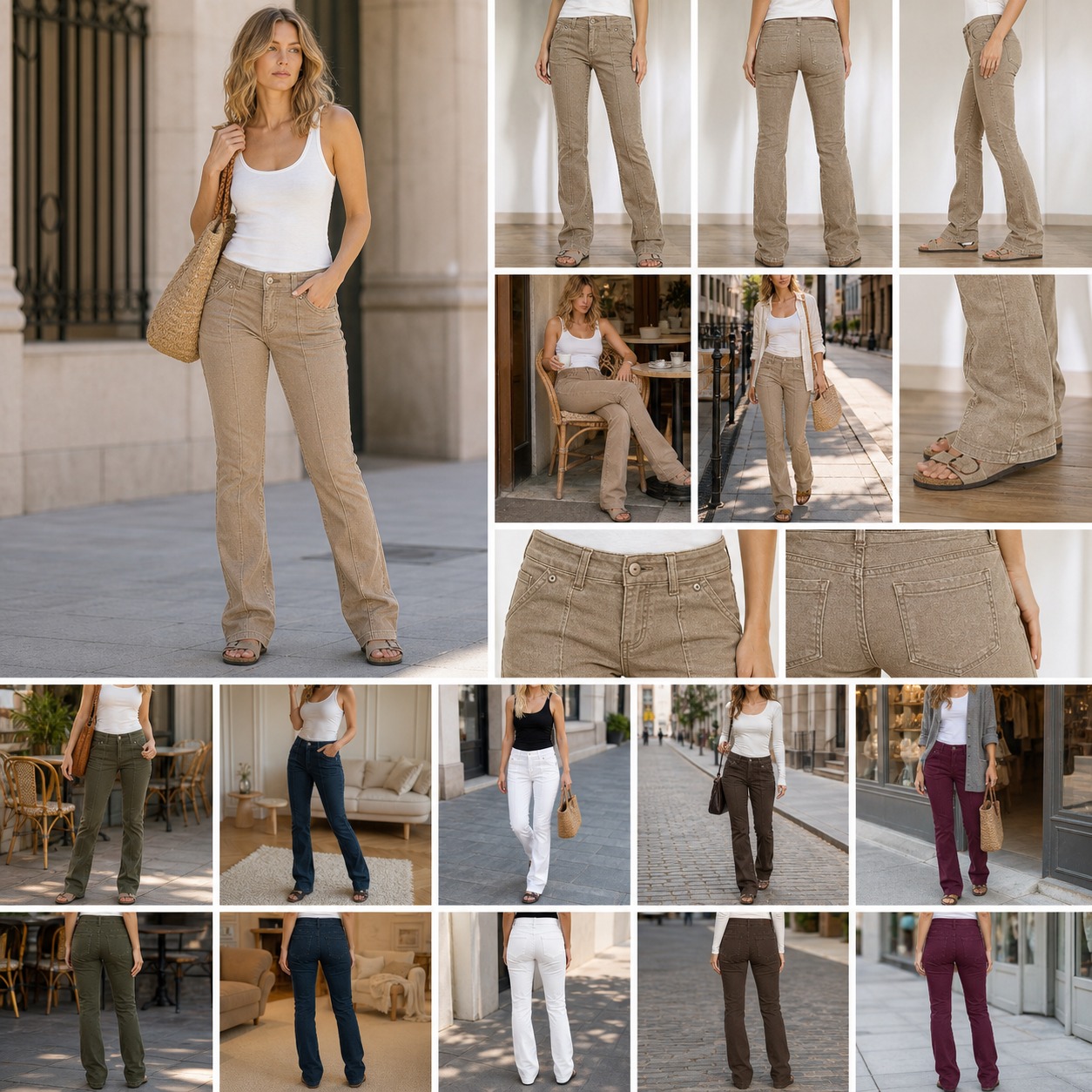 Front side back seated walking and hem views of bootcut pants