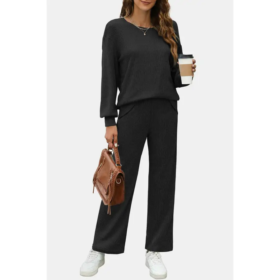 Relaxed Round Neck Long Sleeve Top and Pants Set