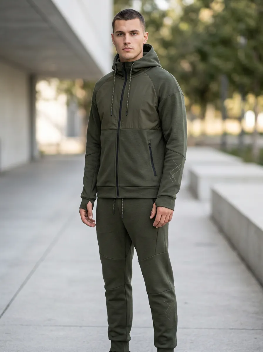 Zip-Up Hoodie Geometric Detail Minimal Unisex Zip Hoodie Tracksuit Set