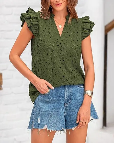 9PACK-Women Summer Eyelet Tops Dressy Casual V-Neck Ruffle Cap Sleeve Cotton Boho Shirts