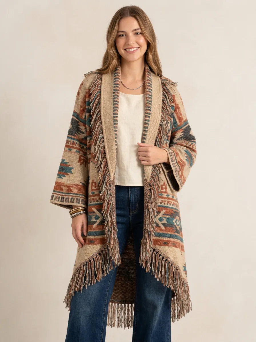 Women's Bohemian Aztec Pattern Fringed Printed Cardigan