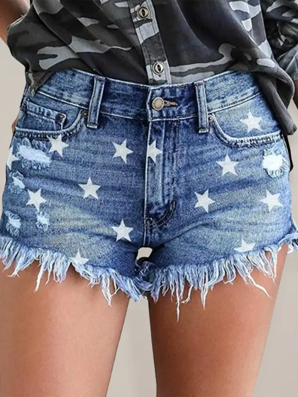 Fringe Pentagram Print High Waist Shorts Denim Pants