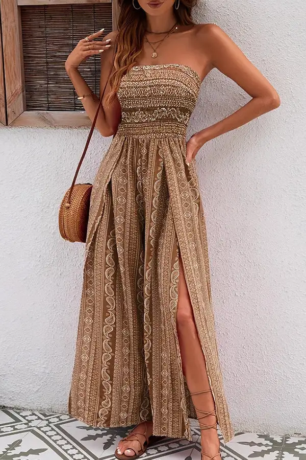 Printed Bandeau Slit Design Jumpsuit