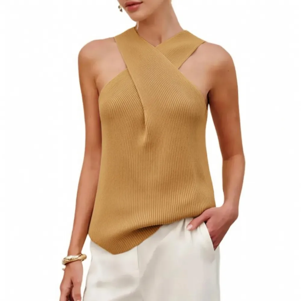 Tanming Women's Halter Cross Over Collar Tank Knit Sleeveless Camisole Top