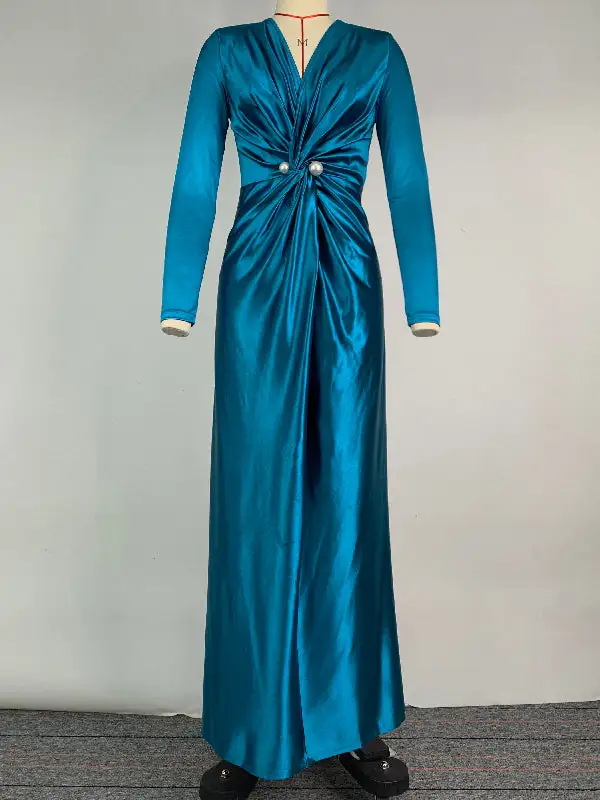 Front Pleated Long Neck Maxi Dress